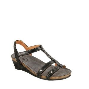 Taos Black Snake Embossed Strappy Wanderer Wedge Leather Sandals 38 US 7 7.5